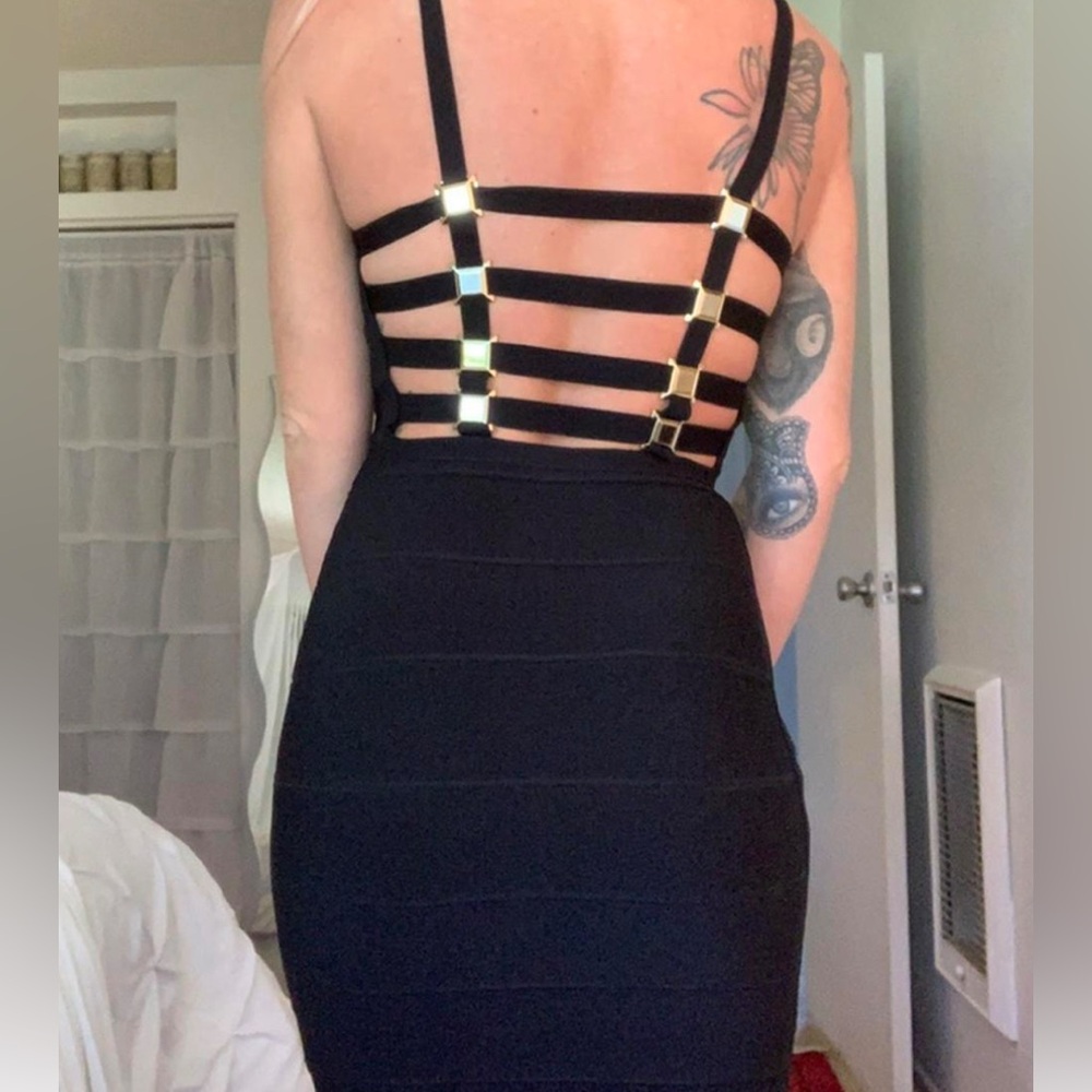 2B bebe women size XS Y2K bandage mini black dress and gold accents straps back
